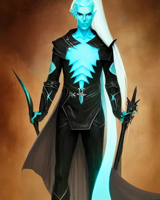 Image similar to character portrait of a slender young half elven man with white hair, piercing turquoise blue eyes, and pale blue skin, wearing sleek black armor, by greg rutkowski and mark brookes and jim burns and tom bagshaw and magali villeneuve, trending on artstation