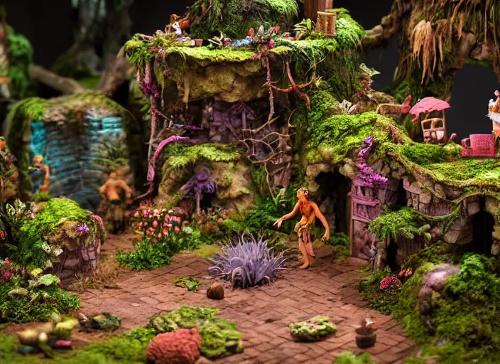 Image similar to detailed studio photography of a fantasy claymation diorama of an isometric tropical island game level design, zeiss lens, detailed, by erwin olaf, joop geesink, wes anderson, jim henson, brian froud, breathtaking, 8 k resolution, beautiful lighting, studio light, extremely detailed, establishing shot, realistic materials, hyperrealistic