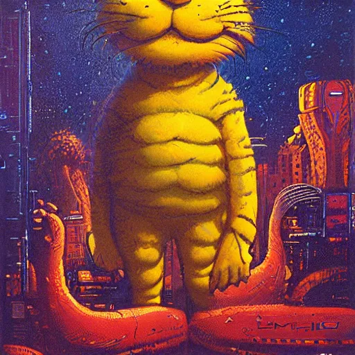 Prompt: a large anthropomorphic garfield by paul lehr and moebius