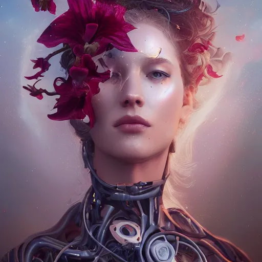 Image similar to a beautiful fine art portrait photo of a resting futuristic cyborg, wavy hair spread out, surrounded by hibiscus, daffodils, moth orchids, montsera leaves by tom bagshaw and zach sutton, soft lighting, very detailed, bionic, robotic, deep depth of field, artstation, 4K