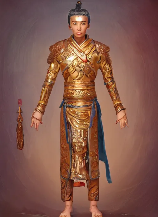 Image similar to full body portrait of a male pathfinder shabti daoshi with metallic skin wearing a daopao by wlop, wuxia, xianxia, pathfinder shabti race, shabti, taoist priest, taoist master, taoist robe, detailed, realistic, anatomically accurate, fantasy illustration, artstation, wlop, 4 k.