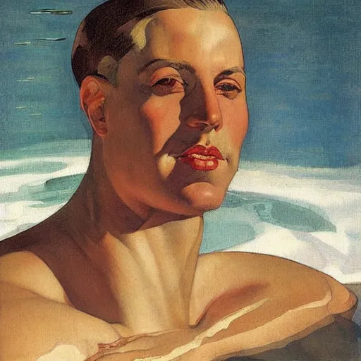 Image similar to portrait of a man swimming in a pool in california, by j. c. leyendecker, tamara de lempicka