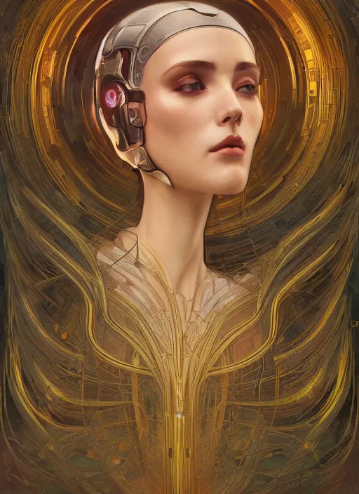 Image similar to portrait of a beautiful female android, coy, circuitry visible in head, in the style of ex machina, karol bak, alphonse mucha, greg rutkowski, artstation,