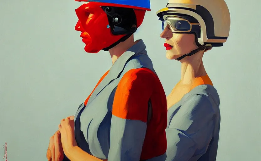 Image similar to Portrait of a woman engineer with helmet, very coherent, painted by Edward Hopper, painted by James Gilleard, airbrush, art by JamesJean