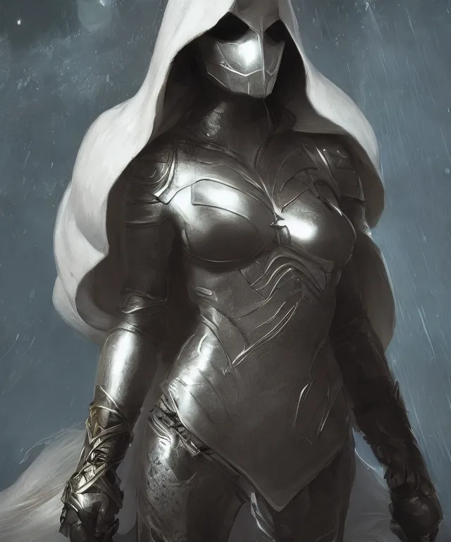 Image similar to female moon knight, hyper detailed, digital art, trending in artstation, cinematic lighting, studio quality, smooth render, unreal engine 5 rendered, octane rendered, art style by klimt and nixeu and ian sprigger and wlop and krenz cushart