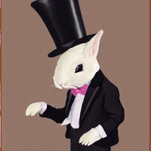 Image similar to bunny with top hat, wearing black suit with tie, performing magic tricks, hyperrealistic