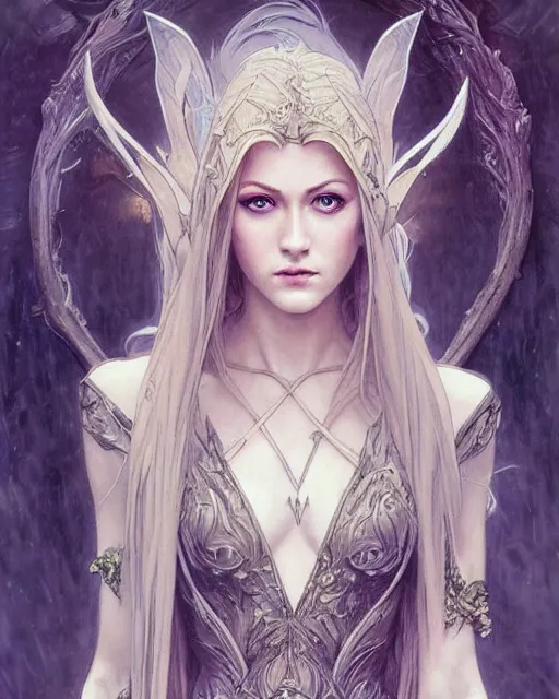 Image similar to portrait of katherine mcnamara elven mage, dark, piercing eyes, gentle expression, elegant clothing, photorealistic, highly detailed, artstation, smooth, sharp focus, art by michael whelan, artgerm, greg rutkowski and alphonse mucha