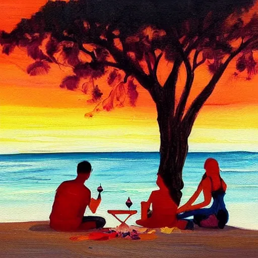 Image similar to one young man and one young woman drinking wine on a beach at sunset, beautiful colors, amazing landscape, painting, stunning details