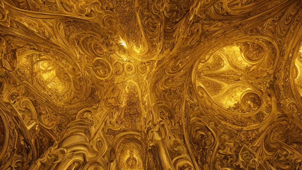 Image similar to endless baroque architecture, by Escher and Jean Delville, fractal, golden lighting, ornate