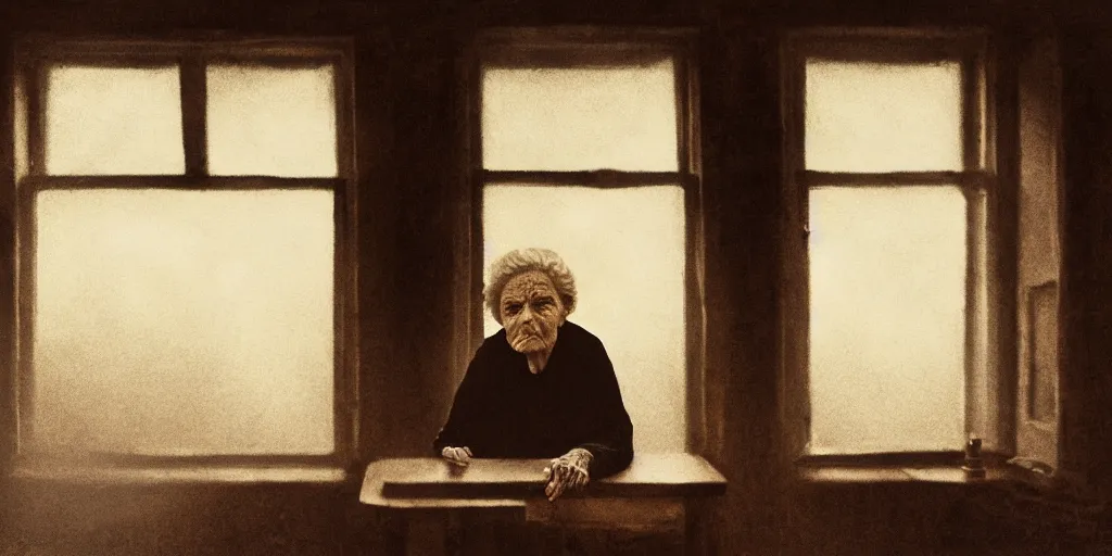 Image similar to portrait bust of old woman sitting at table, hands in pockets, looking outside, tired expression, faded color film, russian cinema, tarkovsky, technicolor, inside old cabin, next to window, heavy forest outside, long brown hair, old clothing, heavy fog, brown color palette, sunset, low light, hudson river school, 4 k, dramatic lighting