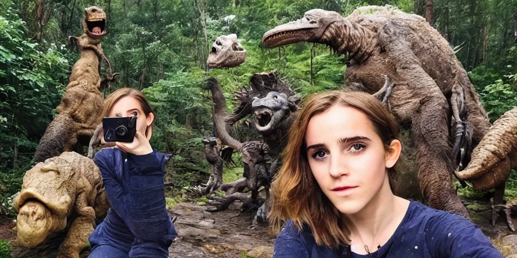 Image similar to photo, hairy fat cave people, emma!! watson!!, looking at camera, surrounded by dinosaurs!, gigantic forest trees, sitting on rocks, bright moon, birthday cake on the ground, front close - up view of her face, selfie, jelly monster