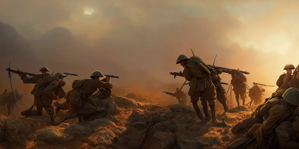 Image similar to gallipoli campaign, world war 1, extremely detailed digital painting, in the style of fenghua zhong and ruan jia and jeremy lipking and peter mohrbacher, mystical colors, rim light, beautiful lighting, 8 k, stunning scene, raytracing, octane, trending on artstation