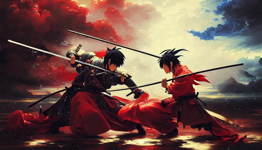 Image similar to baroque oil painting of key visual great samurai battle, rain, storm, final fantasy, fake detail, trending pixiv fanbox, acrylic palette knife, style of makoto shinkai takashi takeuchi yoshiyuki sadamoto greg rutkowski chiho aoshima