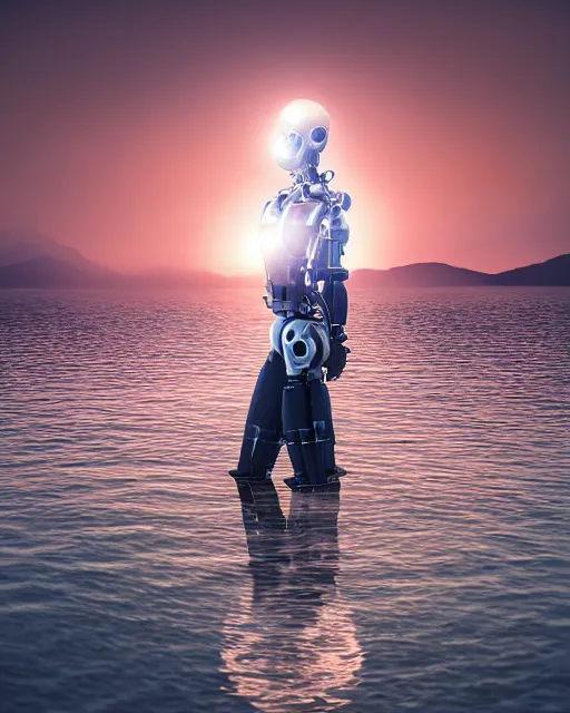 Image similar to beautiful centered photo portrait of hoyeon jung as a solarpunk robotic humanoid with white mechanical parts with bright halogen lights, walking through calm lake water, ultra - realistic and detailed, foggy background, sunset lighting, soft focus, slow exposure hdr 8 k