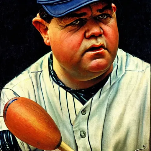 Image similar to a portrait painting of Babe Ruth. Painted by Norman Rockwell