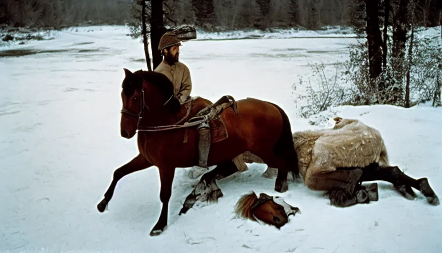 Image similar to 1 9 6 0 s movie still close up of marcus aurelius with his horse frozen to death under the snow by the side of a river with gravel, pine forests, cinestill 8 0 0 t 3 5 mm, high quality, heavy grain, high detail, texture, dramatic light, anamorphic, hyperrealistic, detailed hair, foggy