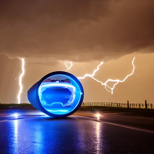 Image similar to futuristic flying car emerging in the sky from a circular portal made of lightning, thunderstorm at night, 8k 28mm cinematic photo