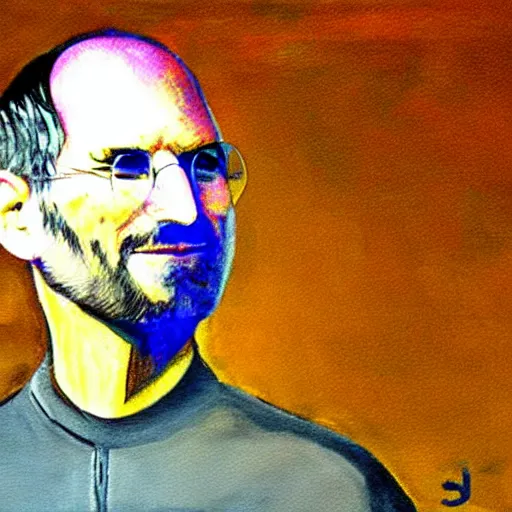 Image similar to impressionist painting of president steve jobs giving a speech