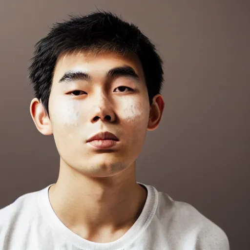 Prompt: a young asian man with a square face, very short thick curly black hair and swarthy skin with pimples. close up portrait