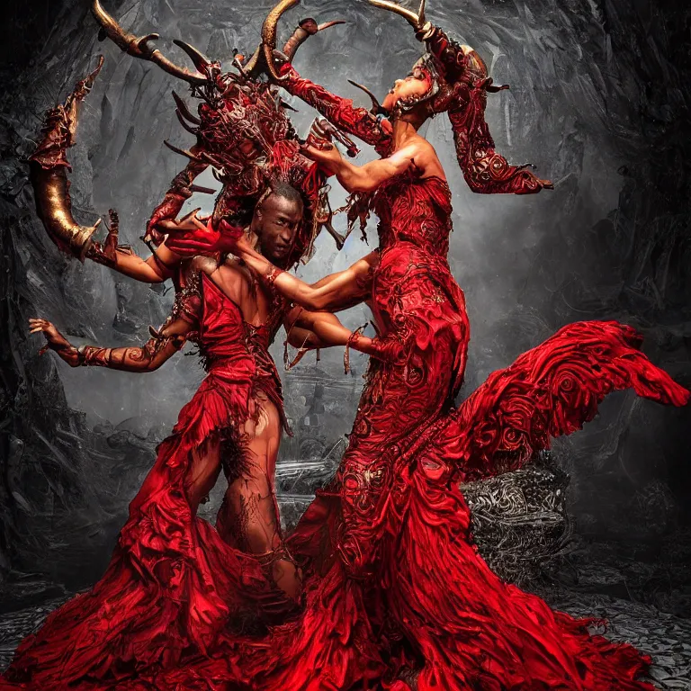 Image similar to black man and a female devil in red dress with horns are dancing together, in Dark souls and elden ring style, insanely detailed and intricate, golden ratio, hypermaximalist, elegant, ornate, luxury, elite, ominous, haunting, matte painting, cinematic, cgsociety, James jean, Brian froud, ross tran, Laputa, photorealism