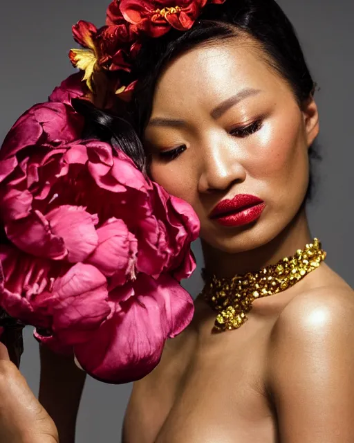 Prompt: Portrait of a European woman, black, close-up, high sharpness, zeiss lens, fashion photo shoot, peony flowers, red hair, red lipstick, in the background of gold, they have rhinestones on their face, Edward Buba, Annie Leibovitz and Steve McCurry, Leslie Zhang, David Lazar, Jimmy Nelsson, Eiko Hosoe, Zhong Lin, artistic, hyperrealistic, beautiful face, octane rendering