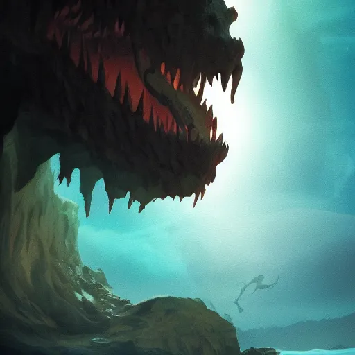 Prompt: cave monster vs wave monster, dramatic magic hour backlight, artstation