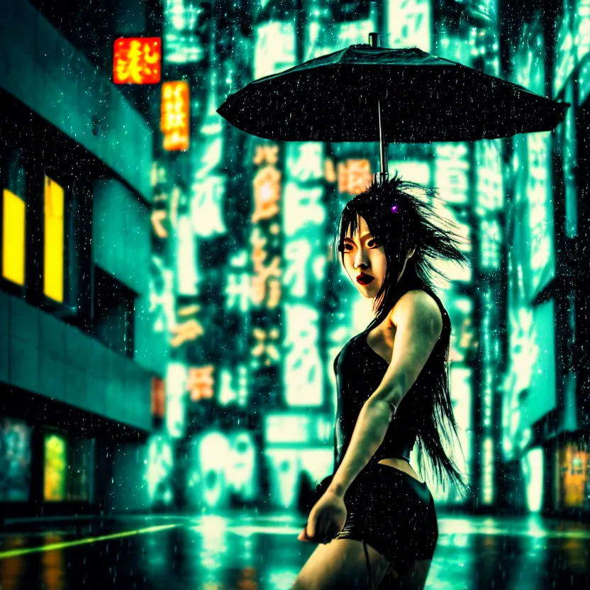 Image similar to a photo close up cyberpunk woman dancing in the rain, cyberpunk hiroshima, prefecture streets, sunset, photorealistic, cinematic lighting, highly detailed, bokeh, style by tomino - sama