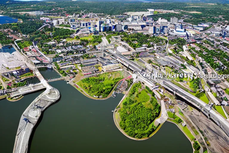 Image similar to bird's eye view photography of a small city. town hall, central farm, monorail station, inlet and shipping dock. hills, woods and pond to the north.