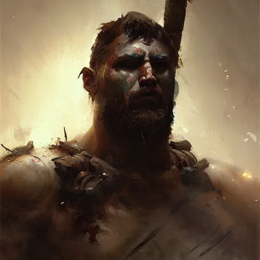 Prompt: Portrait painting of a barbarian warrior by greg rutkowski and Craig Mullins, Dark atmospheric and cinematic lighting