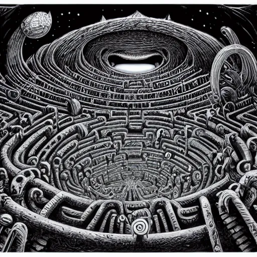 Prompt: a hyper realistic painting of an alien labyrinth, by joe fenton, highly detailed, vivid color,