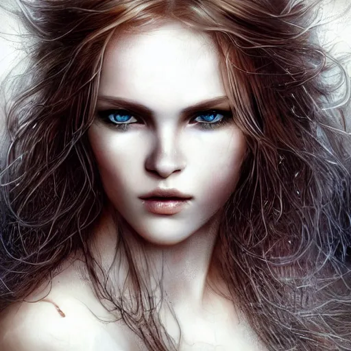 Prompt: beautiful nordic volva with blonde red wavy hair and clean eyes, soft flawless pale skin ultra - detailed face, dramatic dark lighting, hyperrealistic photo luis royo, wlop