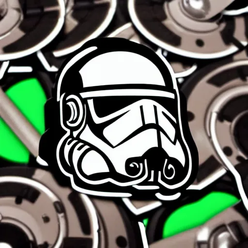 Image similar to svg sticker of a Pop-Wonder Storm-Trooper-Mandolorian-Helmet-Head-Hero-Villain at a rave, spinning records, giant headphones rocking out, wearing headphones, huge speakers, dancing, rave, DJ, spinning records, digital art, amazing composition, rule-of-thirds, award-winning, trending on artstation, featured on deviantart