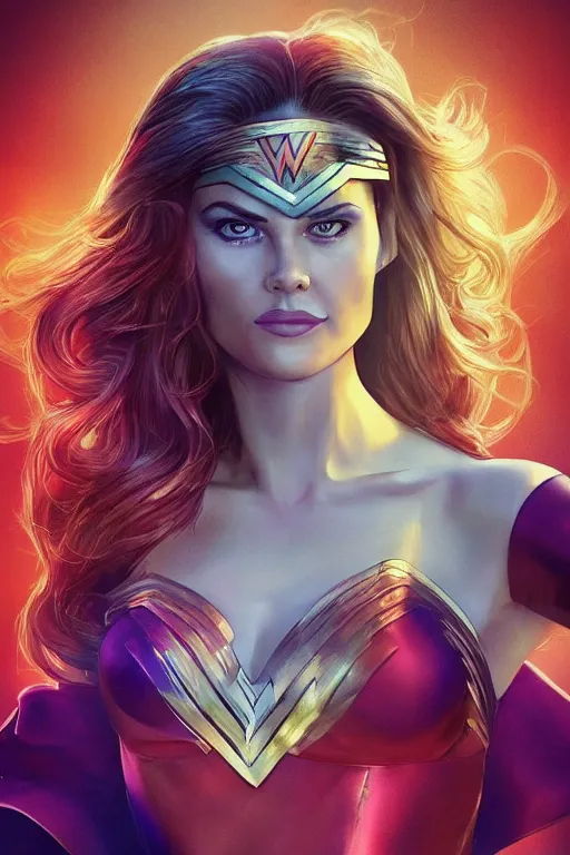 Image similar to portrait of a mix of beautiful young maria shriver, mariel hemmingway, brooke shields and elle macpherson as wonderwoman, thin lips, hair tied up in a pony tail, colorful artstation, cgsociety