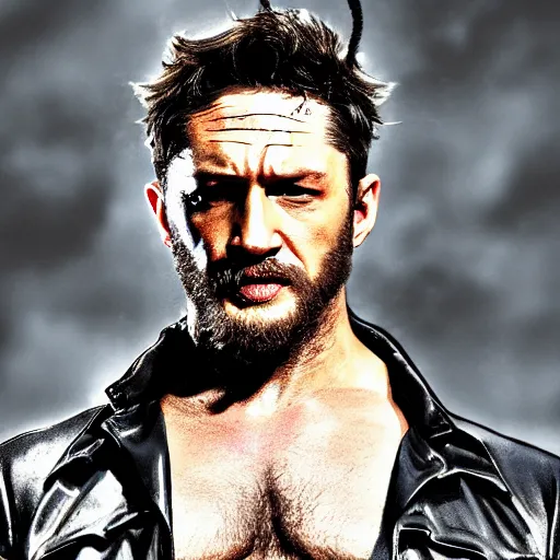 Image similar to Tom Hardy as wolverine in Black Damaged leather suit Digital art 4K quality