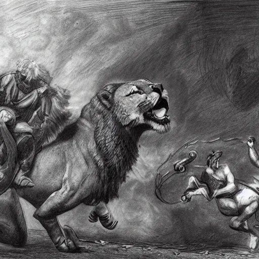 Image similar to hero fighting against a lion in the middle of an arena, crowd of people, pencil art, added detail, high definiton