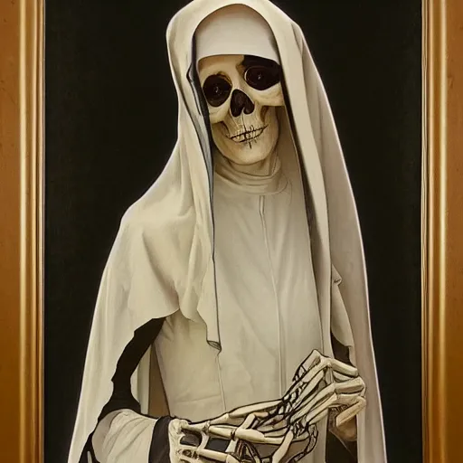 Image similar to a portrait of a skeleton nun in the style of Alphonse Mucha,Realistic style,oil on canvas