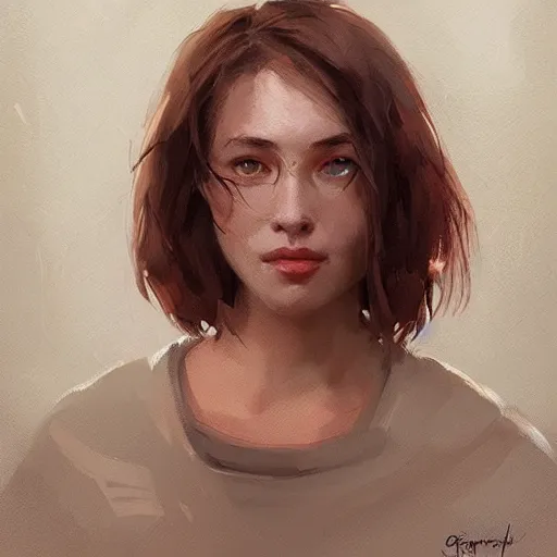 Image similar to portrait of a super friendly woman by greg rutkowski, he is about 2 9 years old, english, auburn slightly red shoulder length hair, brown eyes, cute slighty chubby face, highly detailed portrait, digital painting, artstation, concept art, smooth, sharp foccus ilustration, artstation hq