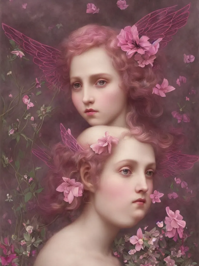 Image similar to one pink fairy with large wings exploring her lonely flower garden by herself in the style of tom bagshaw, william bouguereau, extremely detailed, muted colors, symmetrical face, large eyes, beautiful face