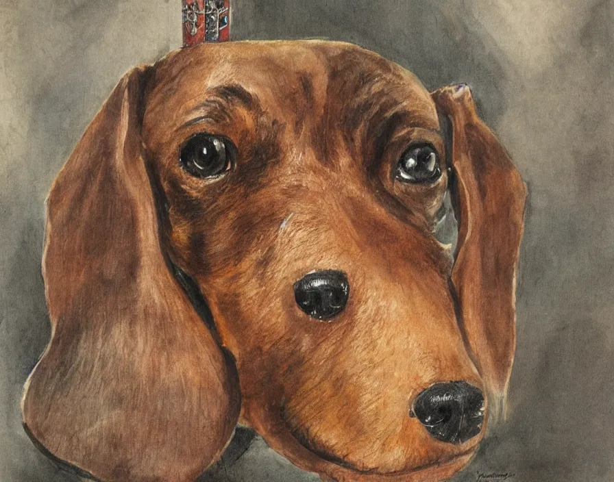 Image similar to Warhammer 40000 portrait of a dachshund by John Blanche