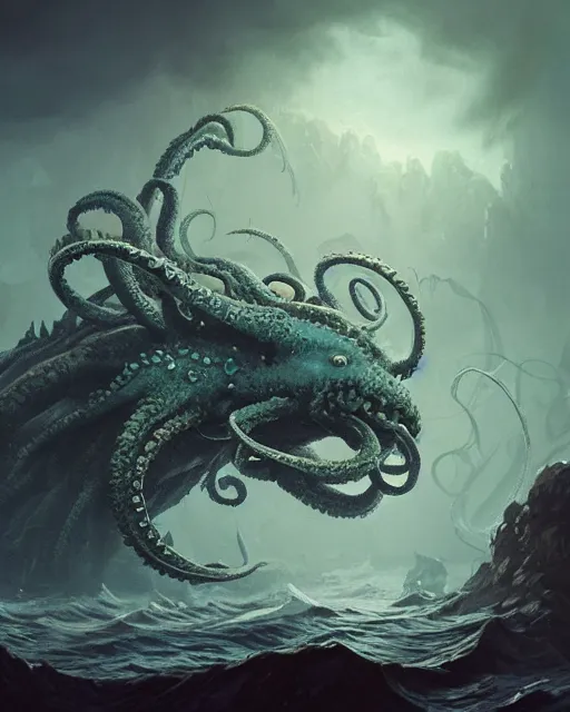 Image similar to A sea color Kraken, terrifying, highly detailed, fantasy art, monster art, in the style of greg rutkowski, illustration, epic, fantasy, intricate, hyper detailed, artstation, concept art, smooth, sharp focus, ray tracing