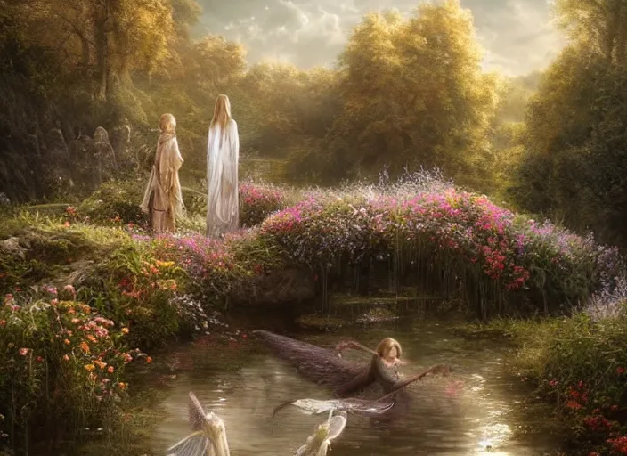 Prompt: beautiful women with wings of lace in a lord of the rings scenery landscape, pond with tall flowers, highly detailed, perfect lighting, perfect composition, 4 k, artgerm, alan lee, derek zabrocki, greg rutkowski, octane remder