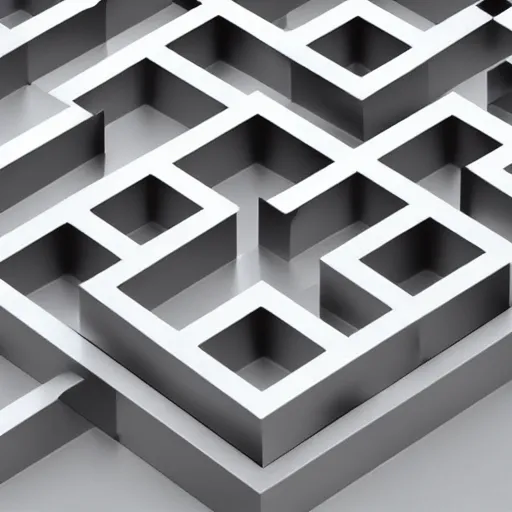 Image similar to 3D render of a 3-dimensional cubic maze made out of metal, white background,