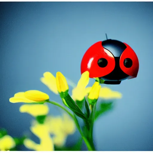 Prompt: a cute tiny robot is holding a big flower up above its head, a ladybug is beside the robot, award winning macro photography, kodak ektar, dramatic lighting