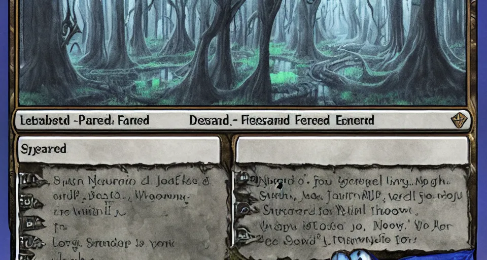 Image similar to A dense and dark enchanted forest with a swamp, from Hearthstone