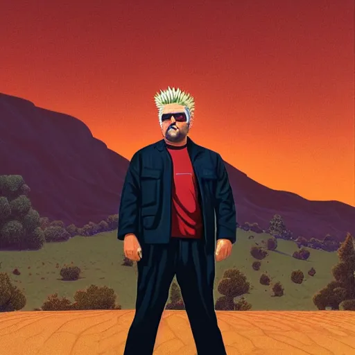 Image similar to Guy Fieri in a suit landscape by Casey Weldon, Maciej Kuciara, 8k ultra high definition, upscaled, perfect composition , golden ratio, image credit nat geo