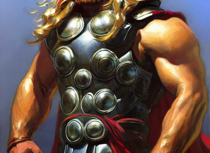 Image similar to a highly detailed beautiful portrait of thor, by gregory manchess, james gurney, james jean