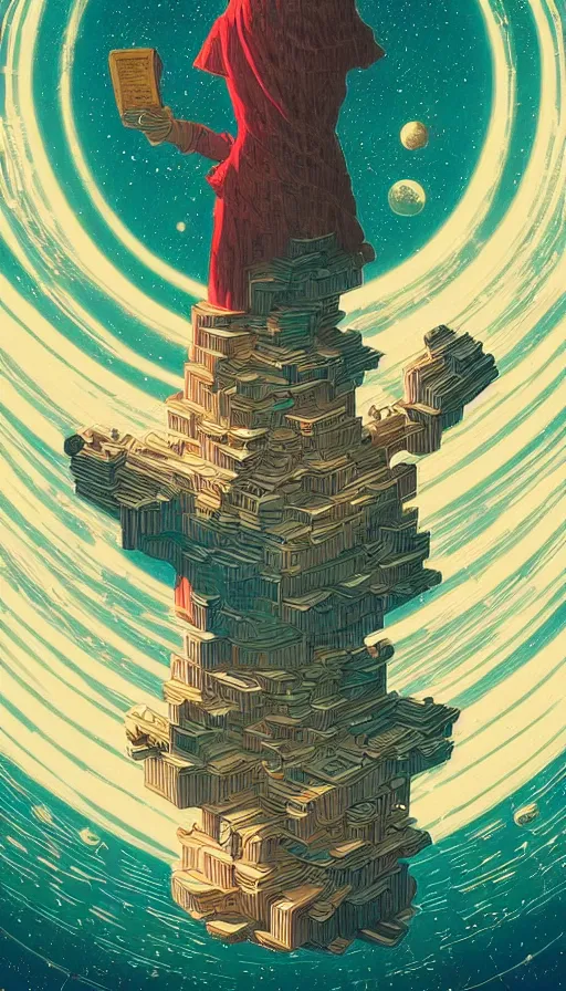 Image similar to The oracle of bibliophiles on cosmic cloudscape, italian futurism, Dan Mumford, da vinci, Victo Ngai, Kilian Eng, Josan Gonzalez