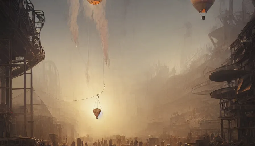 Image similar to Hot air balloon factory plant in a Dieselpunk city, steam, epic composition, intricate, elegant, volumetric lighting, digital painting, highly detailed, artstation, sharp focus, illustration, concept art, ruan jia, steve mccurry