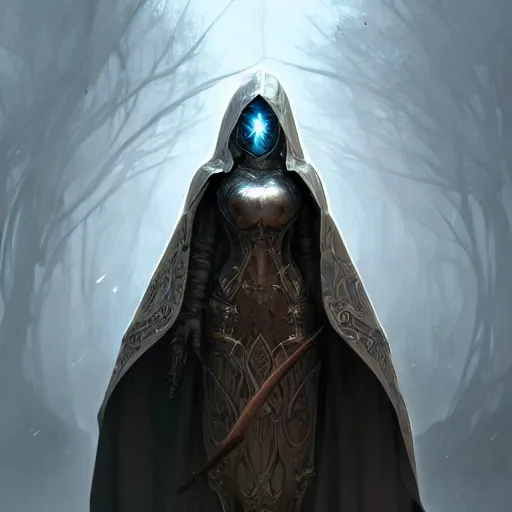 Image similar to beautiful magical warforged construct humanoid wood steel hooded cloak holy warrior, intricate, elegant, highly detailed, digital painting, artstation, concept art, smooth, sharp focus, illustration, art by artgerm and greg rutkowski and alphonse mucha and loish and wlop