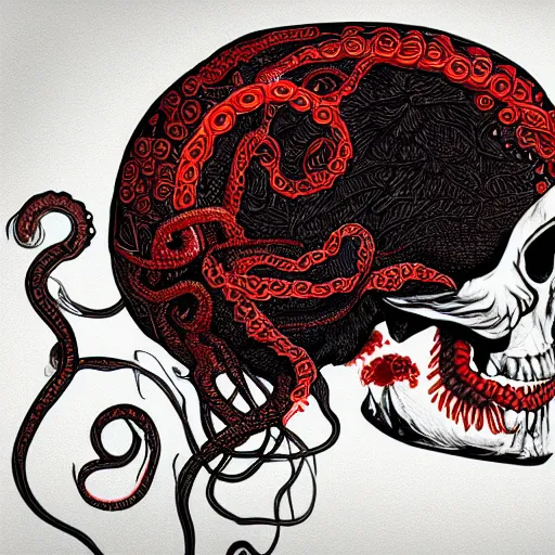 Prompt: Migraine escaping skull brain like red and light black tentacles | Ivan Bilibin | 4K | featured on Artstation